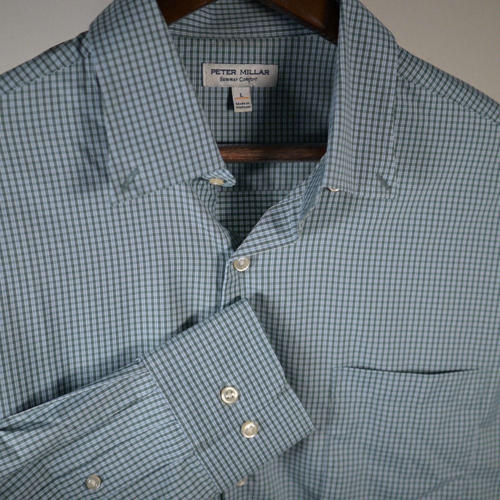 Peter Millar Summer Comfort Shirt Mens Large Green Gingham Check Button Down L/S